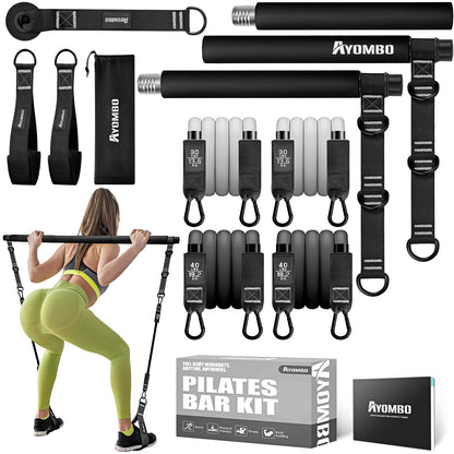 Ayombo Pilates Bar Kit with Resistance Bands, Pilates Workout Equipment for Legs, Hip, Waist, Arm, Squats Exercise Equipment for Home Workouts, Adjustable 3-Section Pilates Bar Kit for Women & Men
