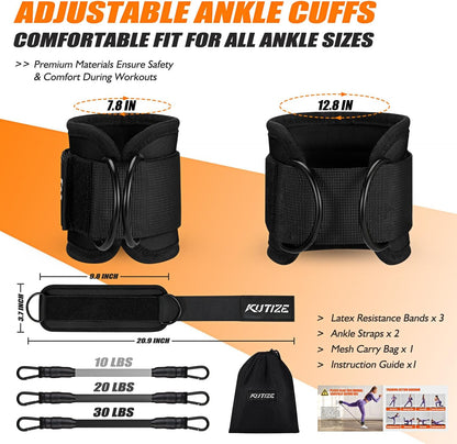 KUTIZE Ankle Resistance Bands with Cuffs for Women & Men - 3-Level Adjustable Leg & Glute Workout Equipment, Portable Home Gym Exercise Bands for Kickbacks, Hip Thrusts, Yoga, Strength Training