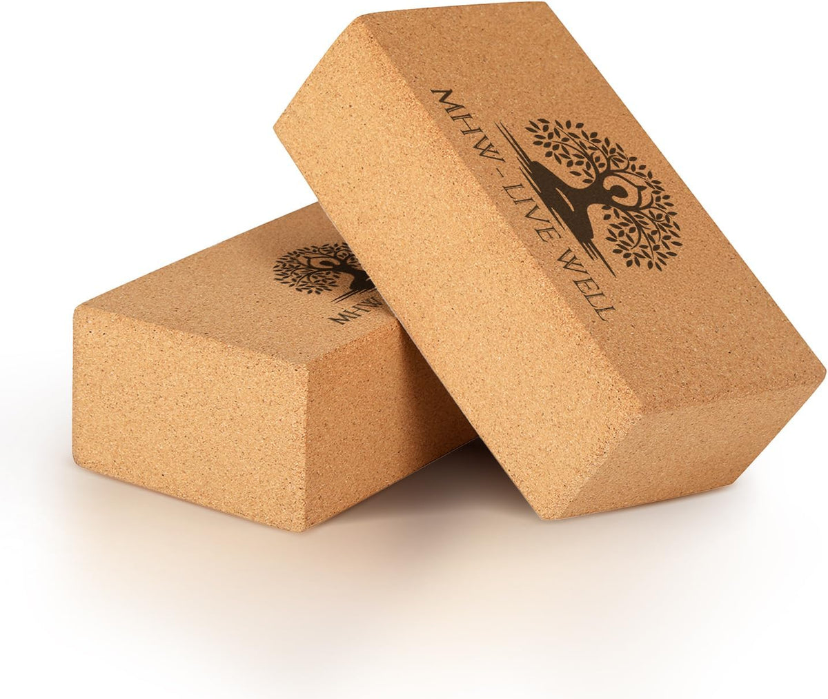 MHW - LIVE WELL Cork Yoga Block – Natural Anti-Slip Yoga Block for Stability & Deepening Poses - 9x6x3 Inches, Single (Cork, Pack of 2)