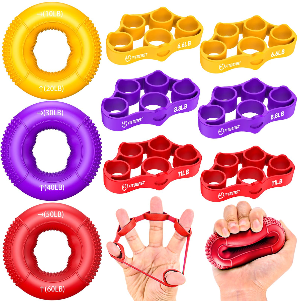 FitBeast Grip Strength Trainer, Finger Exerciser, Forearm Strengthener 9-Piece Kit, Hand Grip Strengthener Targeted Strength, Relief & Recovery