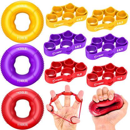 FitBeast Grip Strength Trainer, Finger Exerciser, Forearm Strengthener 9-Piece Kit, Hand Grip Strengthener Targeted Strength, Relief & Recovery