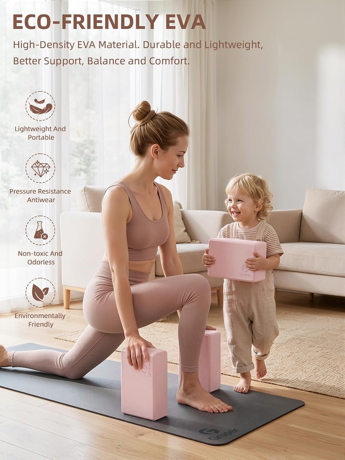 Gruper Yoga Blocks 2 Pack, 9"x6"x3" Exercise Blocks Pilates Blocks