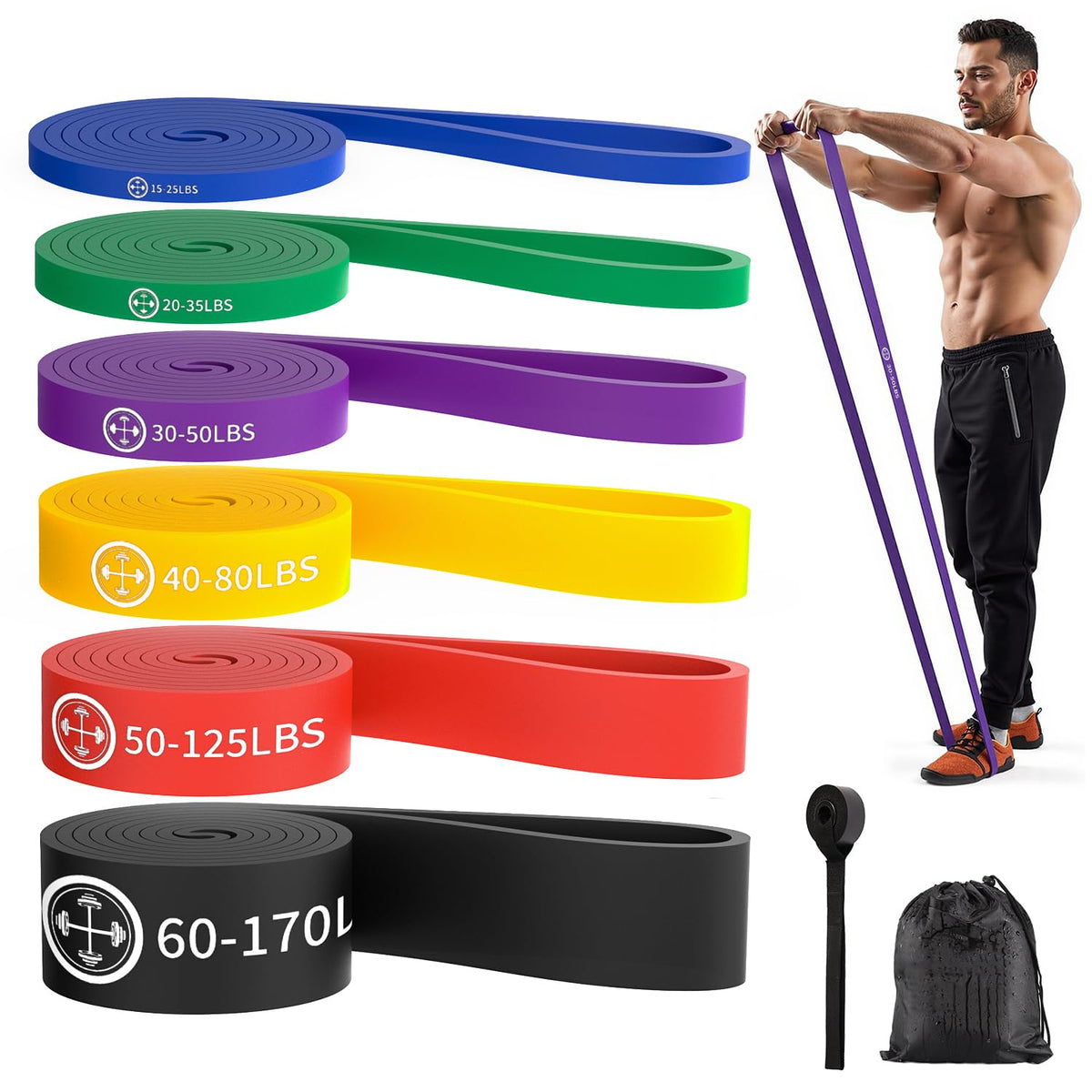 Exercise Bands，Set of 6 Resistance Bands for Working Out,Pull Up Bands Set,at Home Workout Equipment,Instruction Guide and Carry Bag Included