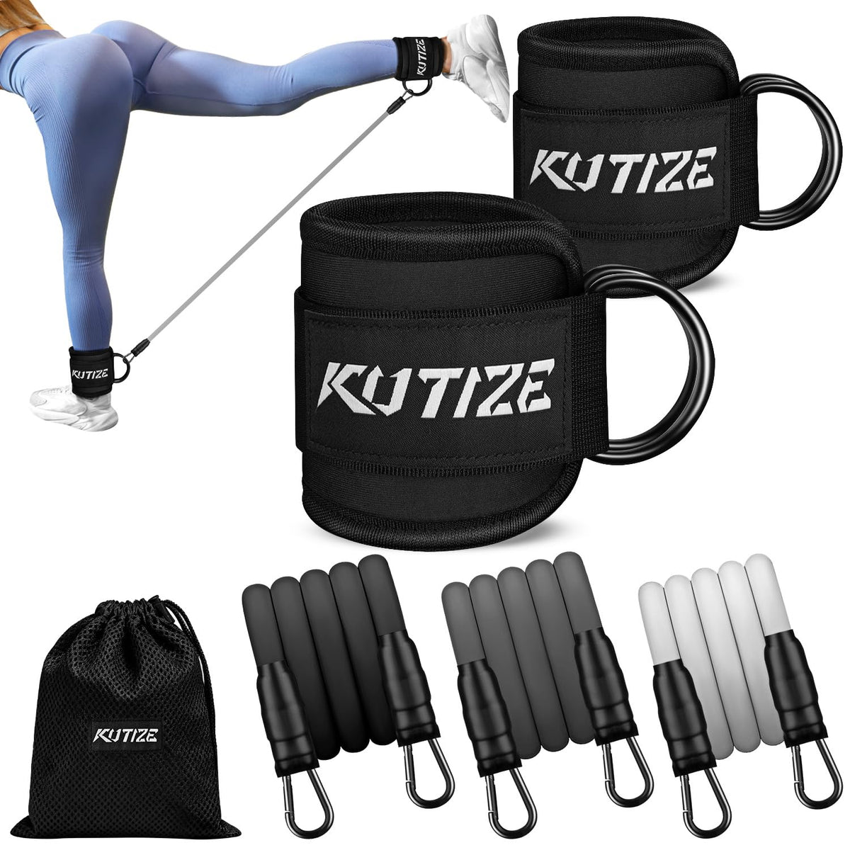 KUTIZE Ankle Resistance Bands with Cuffs for Women & Men - 3-Level Adjustable Leg & Glute Workout Equipment, Portable Home Gym Exercise Bands for Kickbacks, Hip Thrusts, Yoga, Strength Training