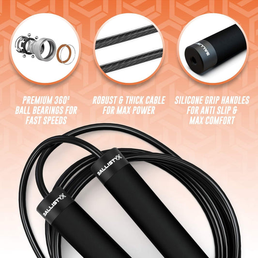 Ballistyx Jump Rope - Premium Speed Jump Rope with 360 Degree Spin, Steel Handles, Silicone Grips and 2 x Adjustable Cables - for Crossfit, Gym & Home Fitness Workouts & More