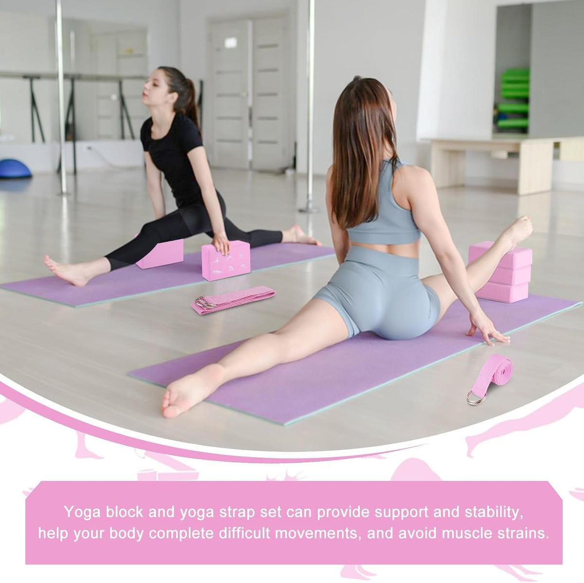 RETON 2 Pack Yoga Blocks and 2 Yoga Straps Set, Soft Non-Slip Yoga Block for Pilates, High Density EVA Foam Yoga Brick with Yoga Strap for General Fitness, Stretching, Improve Strength and Flexibility