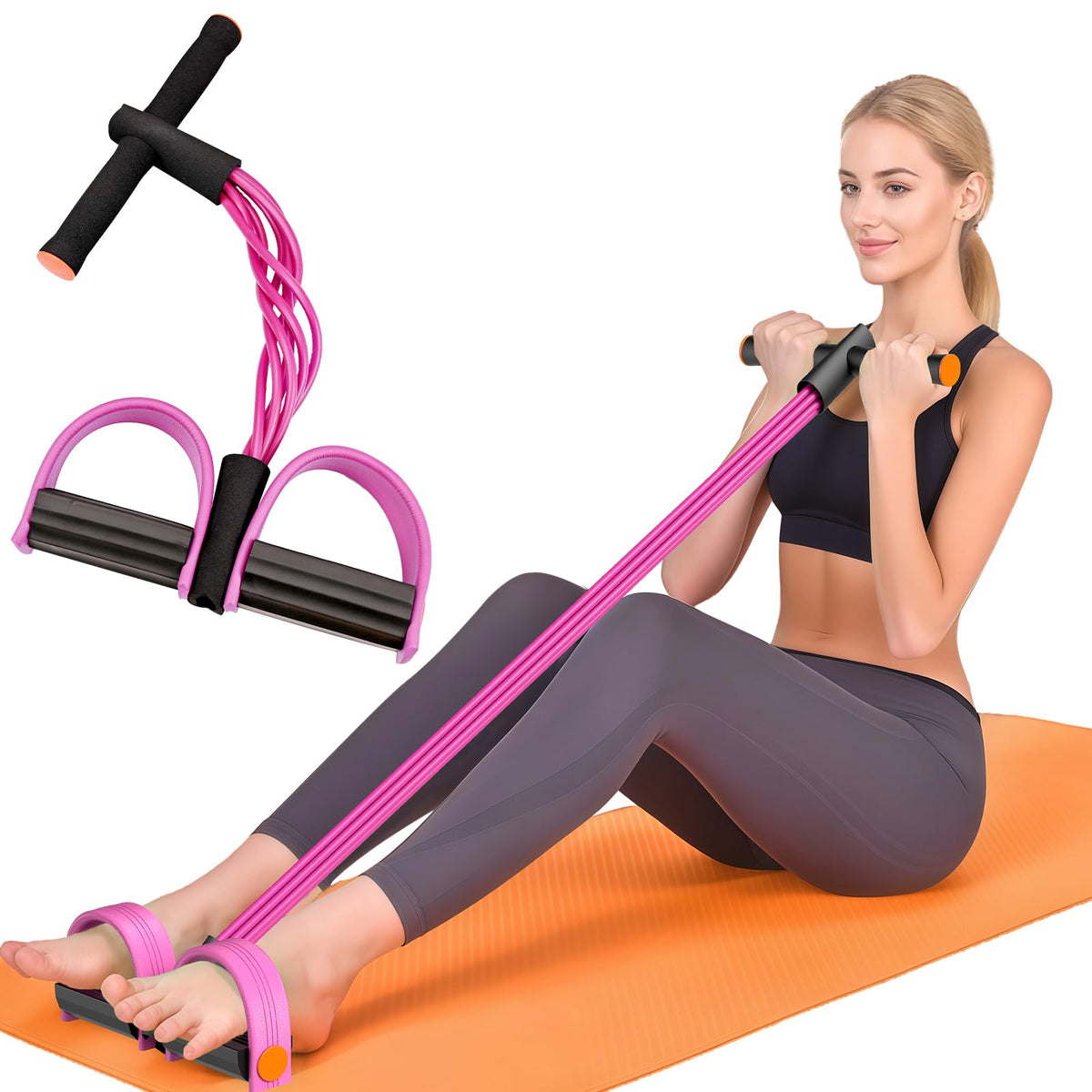 Pedal Resistance Band with Handles, 6-Tubes Natural Rubber Exercise Band