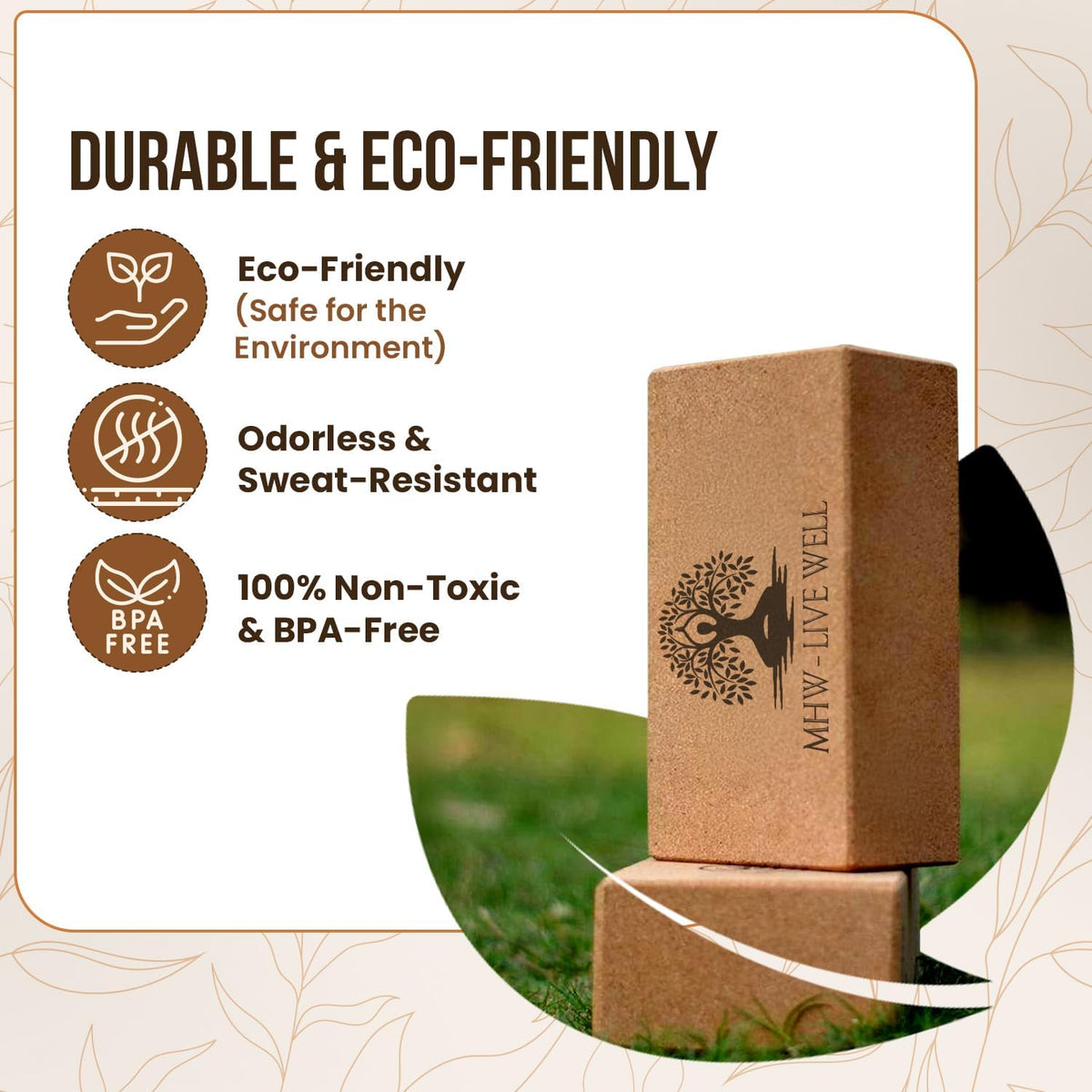 MHW - LIVE WELL Cork Yoga Block – Natural Anti-Slip Yoga Block for Stability & Deepening Poses - 9x6x3 Inches, Single (Cork, Pack of 2)