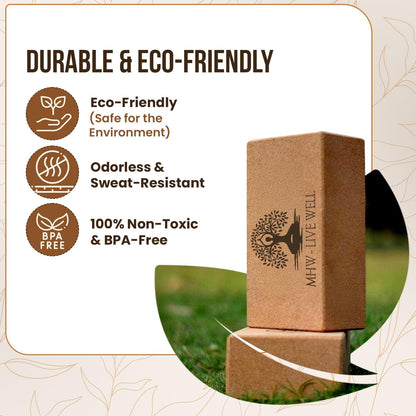 MHW - LIVE WELL Cork Yoga Block – Natural Anti-Slip Yoga Block for Stability & Deepening Poses - 9x6x3 Inches, Single (Cork, Pack of 2)