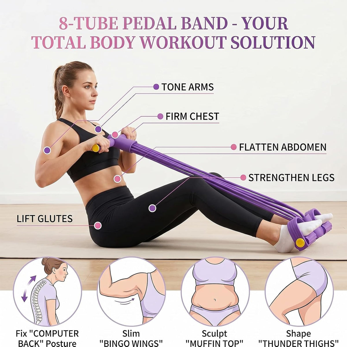 8-Tube Pedal Resistance Band with Handle, 2026 Upgraded Multifunction Pedal Resistance Band, Natural Rubber Exercise Bands with Handles for Women, Men, Elderly, for Abdomen, Arm, Leg Stretching