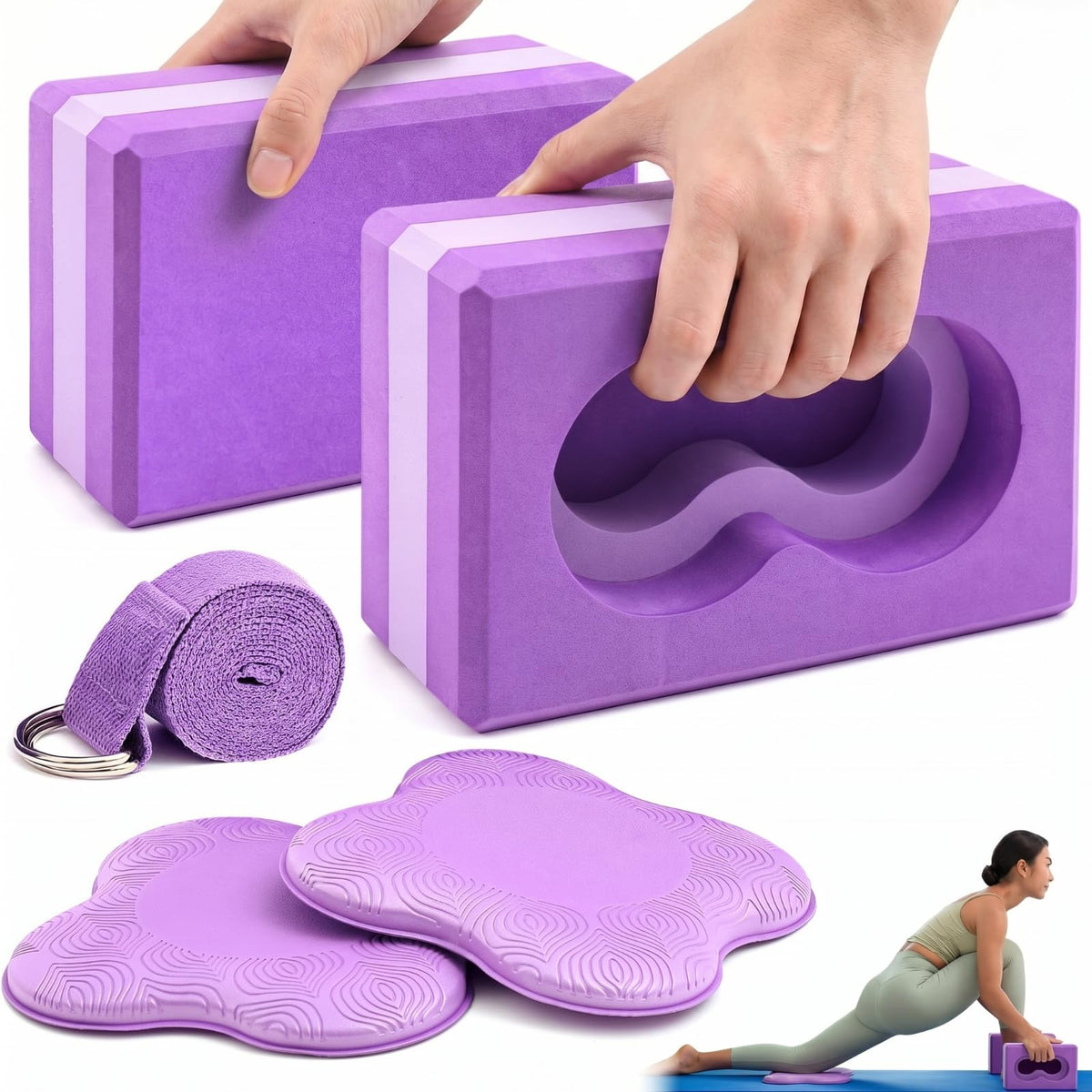 Yoga Blocks 2 Pack for Wrist Relief,Yoga Block with Knee Pads Strap