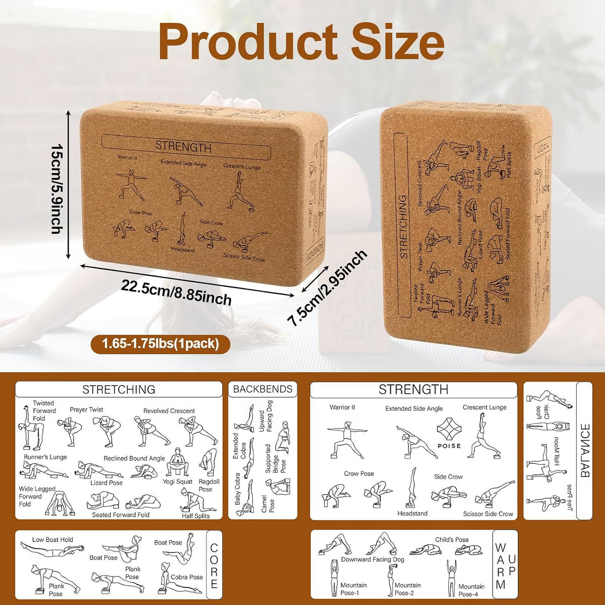 2 Pack Cork Yoga Blocks, Yoga Poses Teaching Cork Blocks for Beginners & Experts, Eco-Friendly High Density Non-Slip Fitness Block for Better Support, Balance & Comfort (9 x 6 x 3 Inches)