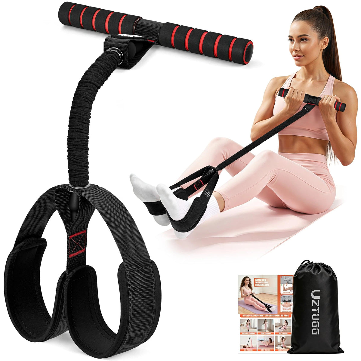 Pedal Resistance Bands with Handles, Upgrade Women Exercise Bands for Full Body Training, Core, ABS, Legs, Glutes, Arms, Pilates, Physical Therapy, Strength, Sit Up Equipment for Home Workout
