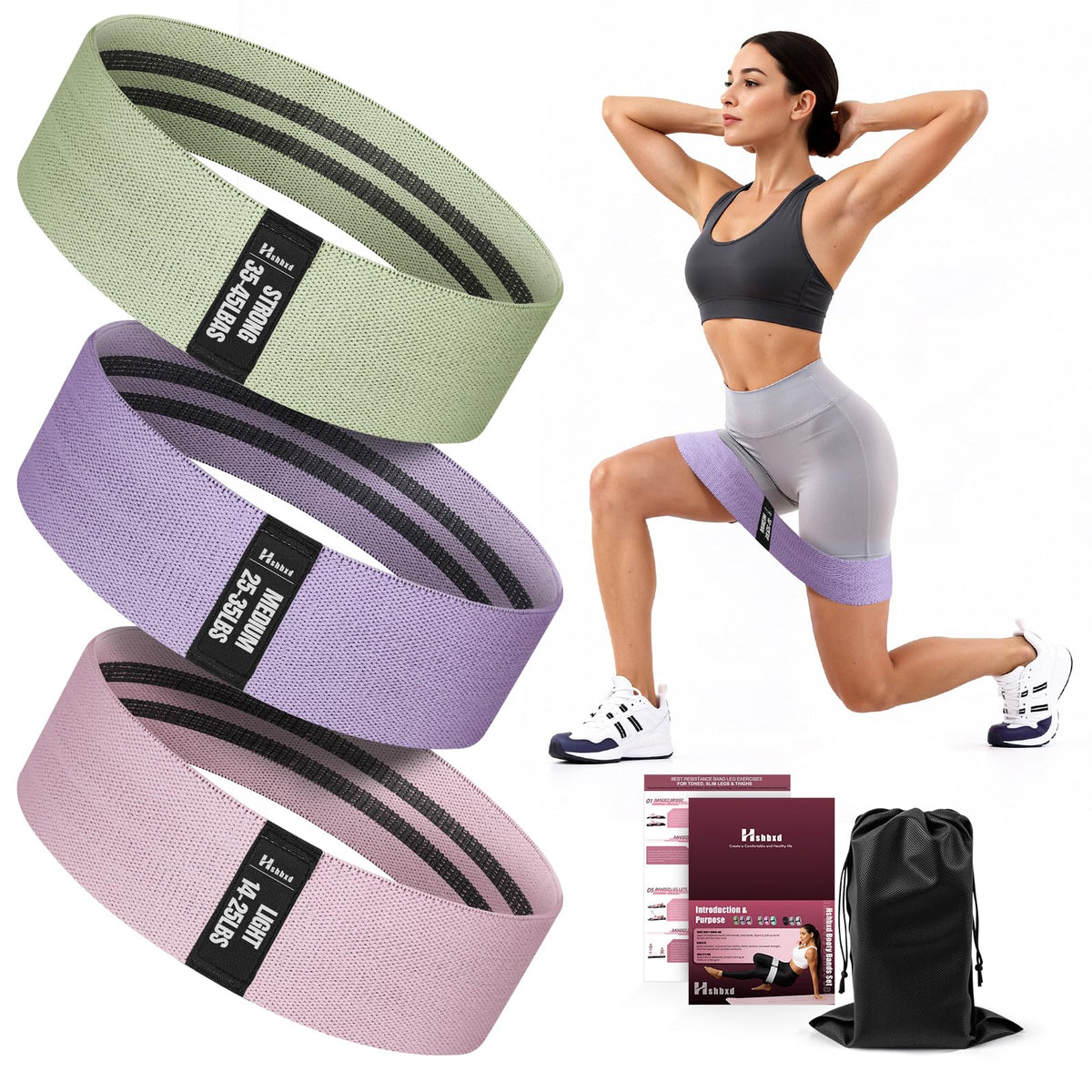 Fabric Resistance Band Set with Exercise Guide, 3 Levels for Hip and Glute