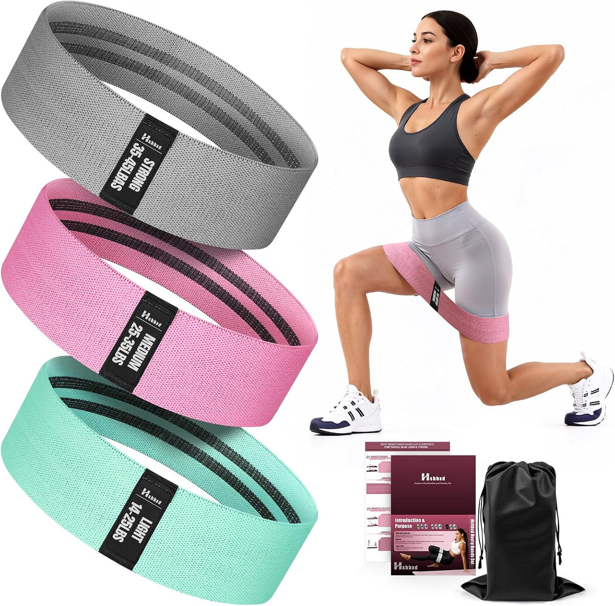 Fabric Resistance Band Set with Exercise Guide, 3 Levels for Hip and Glute