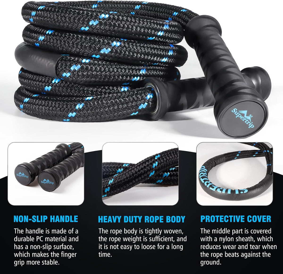 Supertrip Upgraded Weighted Jump Rope for Fitness Men Women Second Generation 360 Rotating Handles, 3.21LBS 3.38LBS 3.41LBS Polyester Heavy Skipping Rope for Exercise Workout Equipment