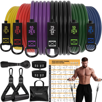 READAEER Resistance Bands, 10-150 LBS Exercise Bands with Handles, Ankle Straps & Door Anchor, Adjustable Workout Bands for Full Body Strength Training, Home, Gym & Travel