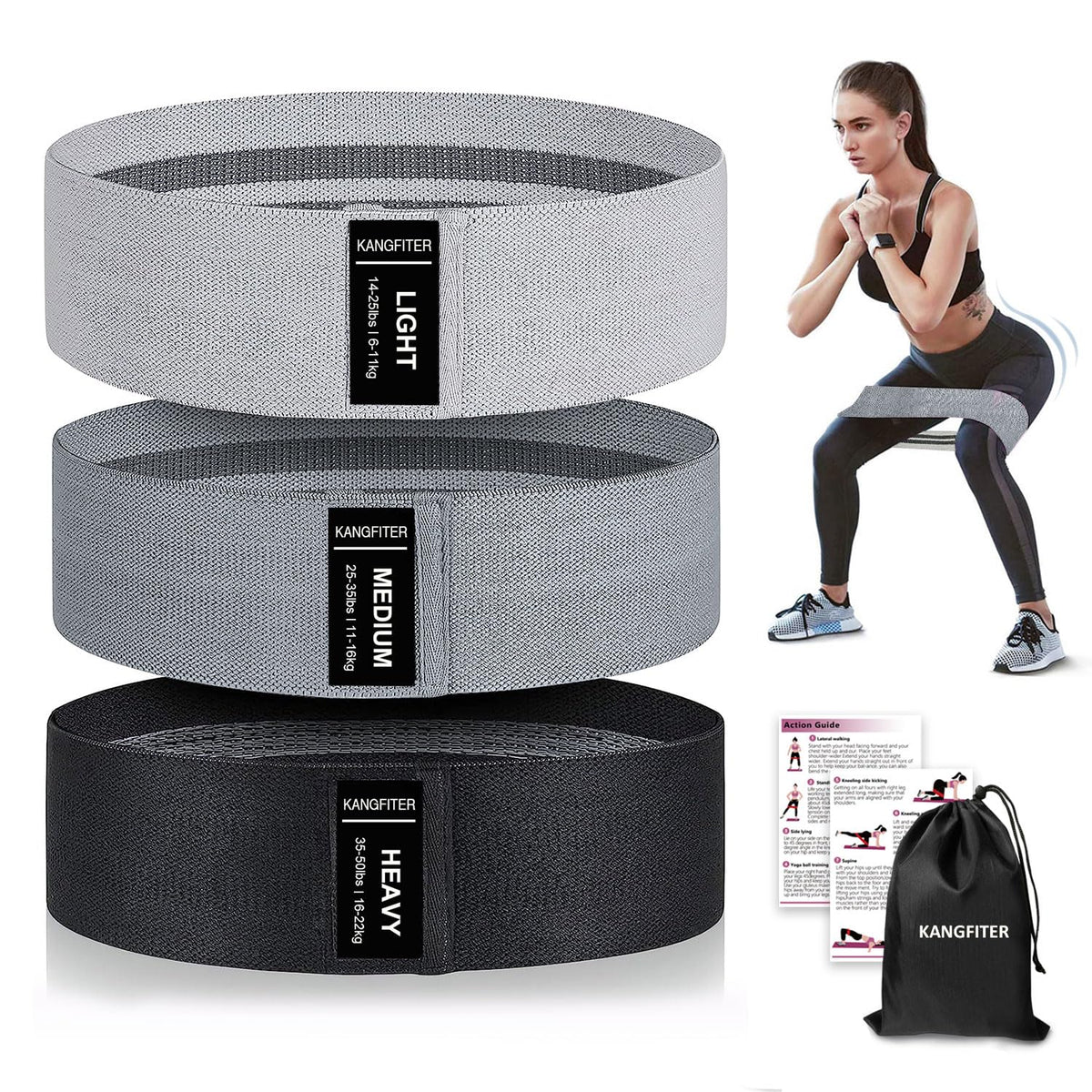 KANGFITER Non-Slip Fabric Resistance Bands for Working Out 3 Levels
