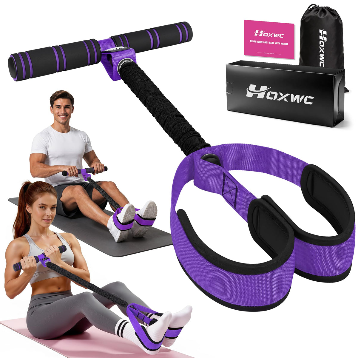HOXWC Multifunction Pedal Resistance Band with Handle, 50LBS Foot Pedal Resistance Bands for Core/ABS, Arm, Waist, Abdomen, Leg Workout, Portable Sit Up Exercise Equipment for Women