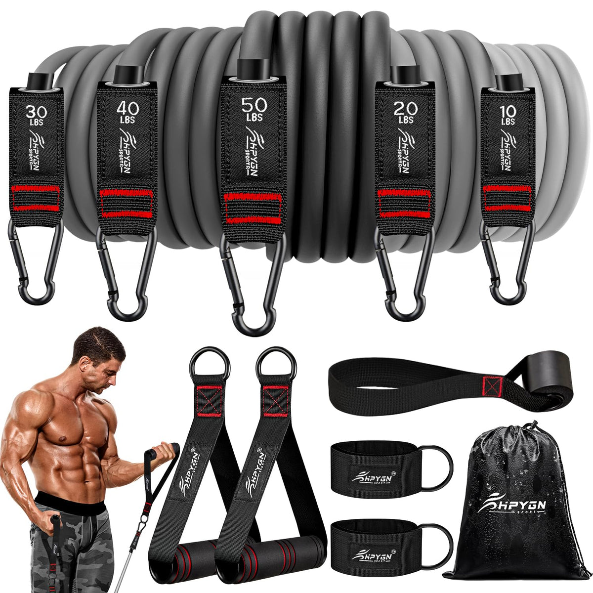 HPYGN Resistance Bands with Handles, 150 lb Exercise Bands for Home Workout