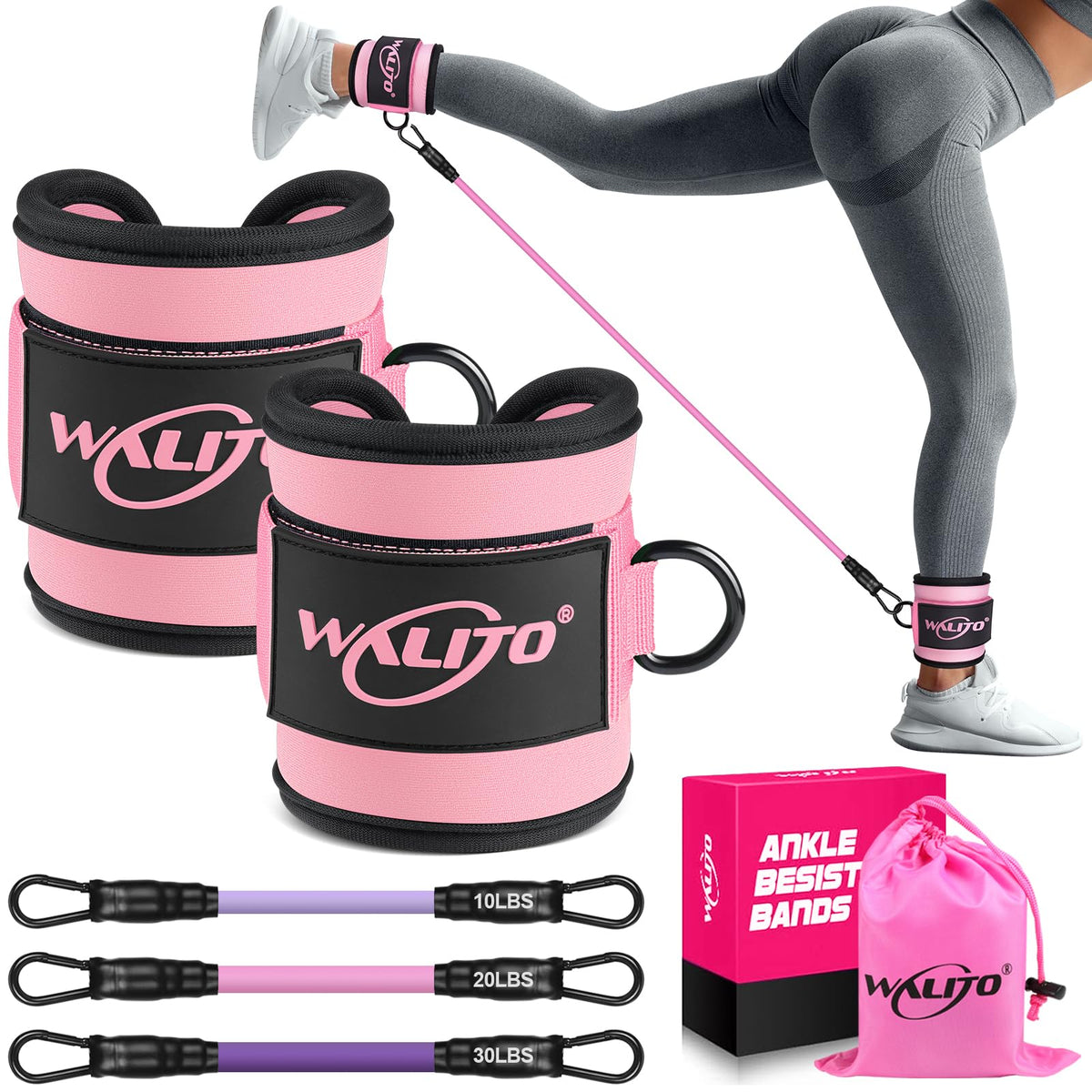 WALITO Ankle Resistance Bands with Cuffs, Exercise Bands for Legs and Butt, Booty Workout Equipment for Kickbacks and Hip Fitness Training