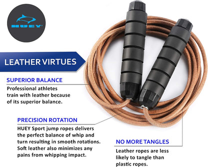 HUEY Sport Weighted 1lb Leather Jump Rope Adjustable Skipping Rope for Speed Quiet Training Boxing MMA Cardio Crossfit Fitness Workout Indoor and Outside Exercise for Beginner Kids Men and Women