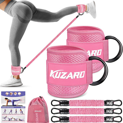KUZARO Ankle Resistance Bands with Cuffs, Ankle Weights Bands for Working Out, Women Leg and Glutes Workout Equipment, Exercise Bands for Kickbacks, Butt and Booty Trainer, Home Gym Fitness Equipment