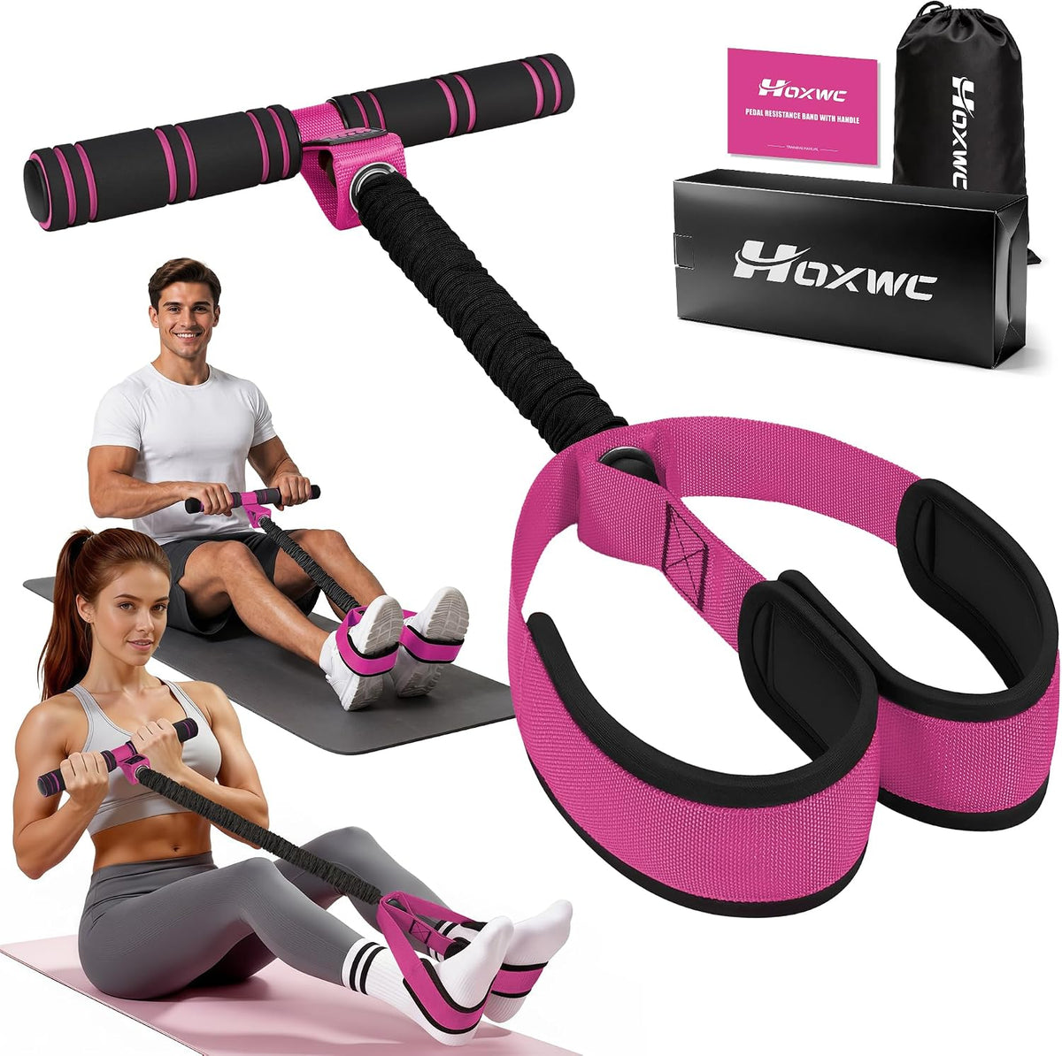 HOXWC Multifunction Pedal Resistance Band with Handle, 50LBS Foot Pedal Resistance Bands for Core/ABS, Arm, Waist, Abdomen, Leg Workout, Portable Sit Up Exercise Equipment for Women