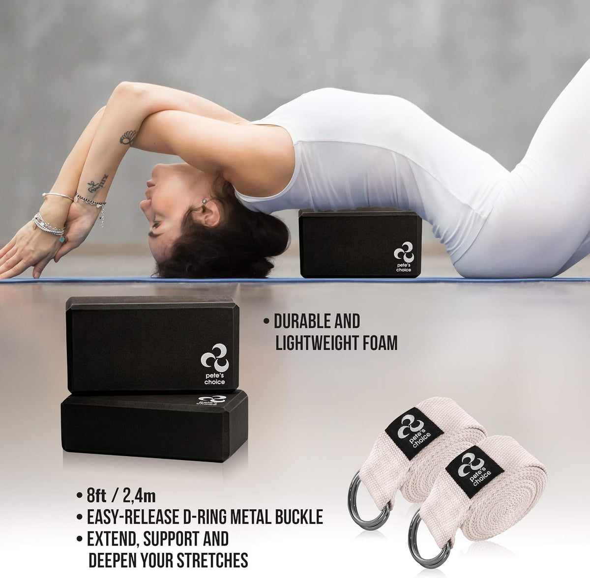 Stretching Straps and Yoga Blocks - Yoga Beginner Kit for Pilates & Gym