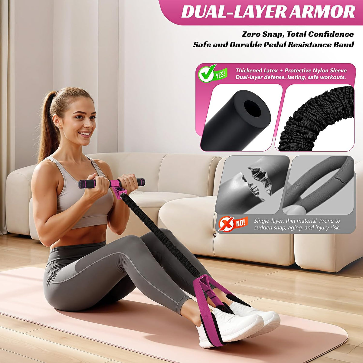 HOXWC Multifunction Pedal Resistance Band with Handle, 50LBS Foot Pedal Resistance Bands for Core/ABS, Arm, Waist, Abdomen, Leg Workout, Portable Sit Up Exercise Equipment for Women