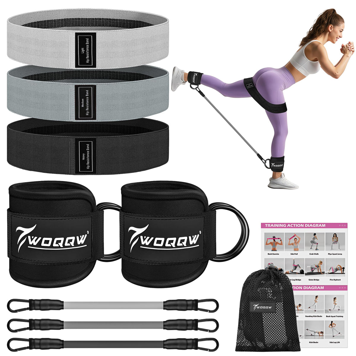 WOQQW Ankle Resistance Bands with Cuffs & Booty Bands Set for Legs & Glutes