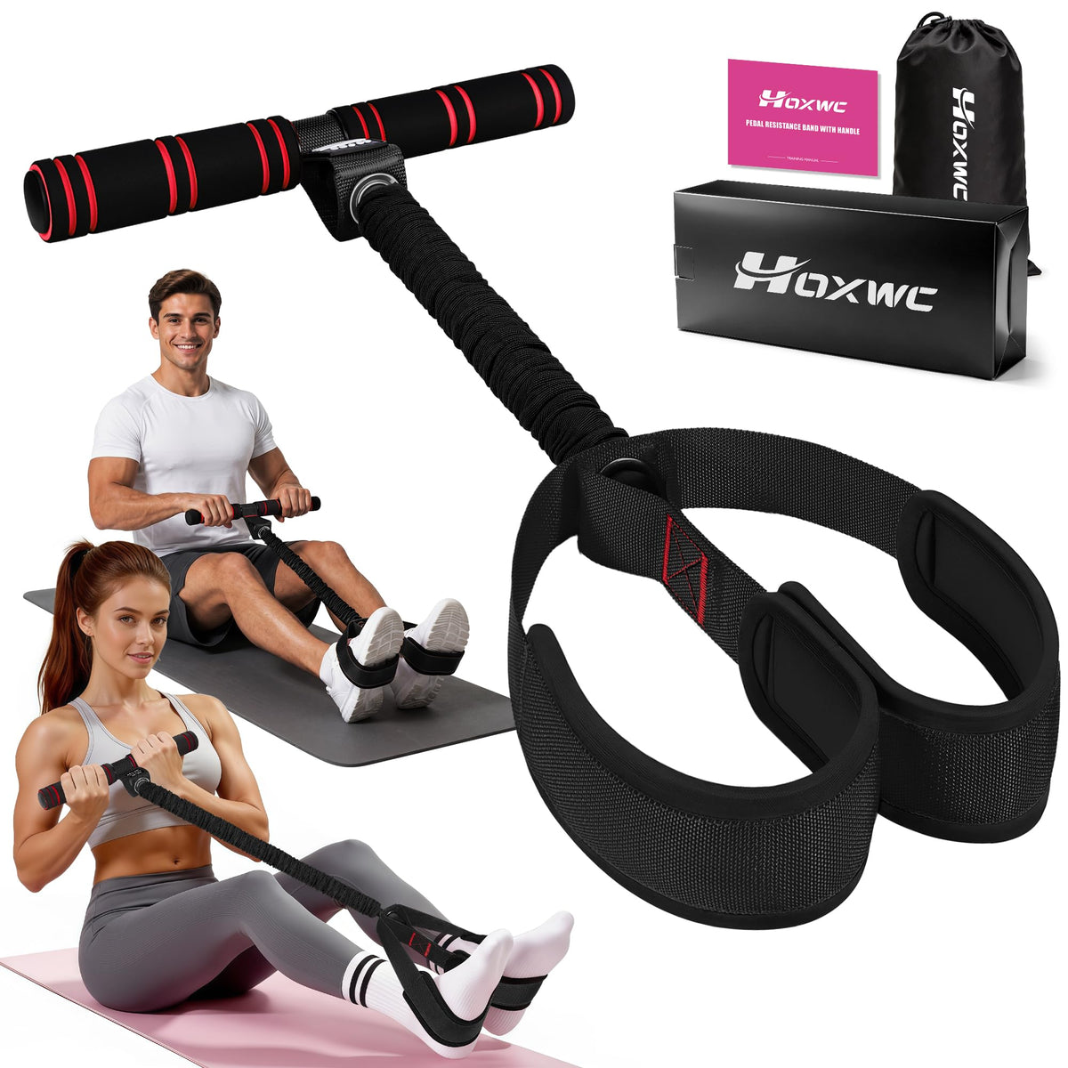 HOXWC Multifunction Pedal Resistance Band with Handle, 50LBS Foot Pedal Resistance Bands for Core/ABS, Arm, Waist, Abdomen, Leg Workout, Portable Sit Up Exercise Equipment for Women