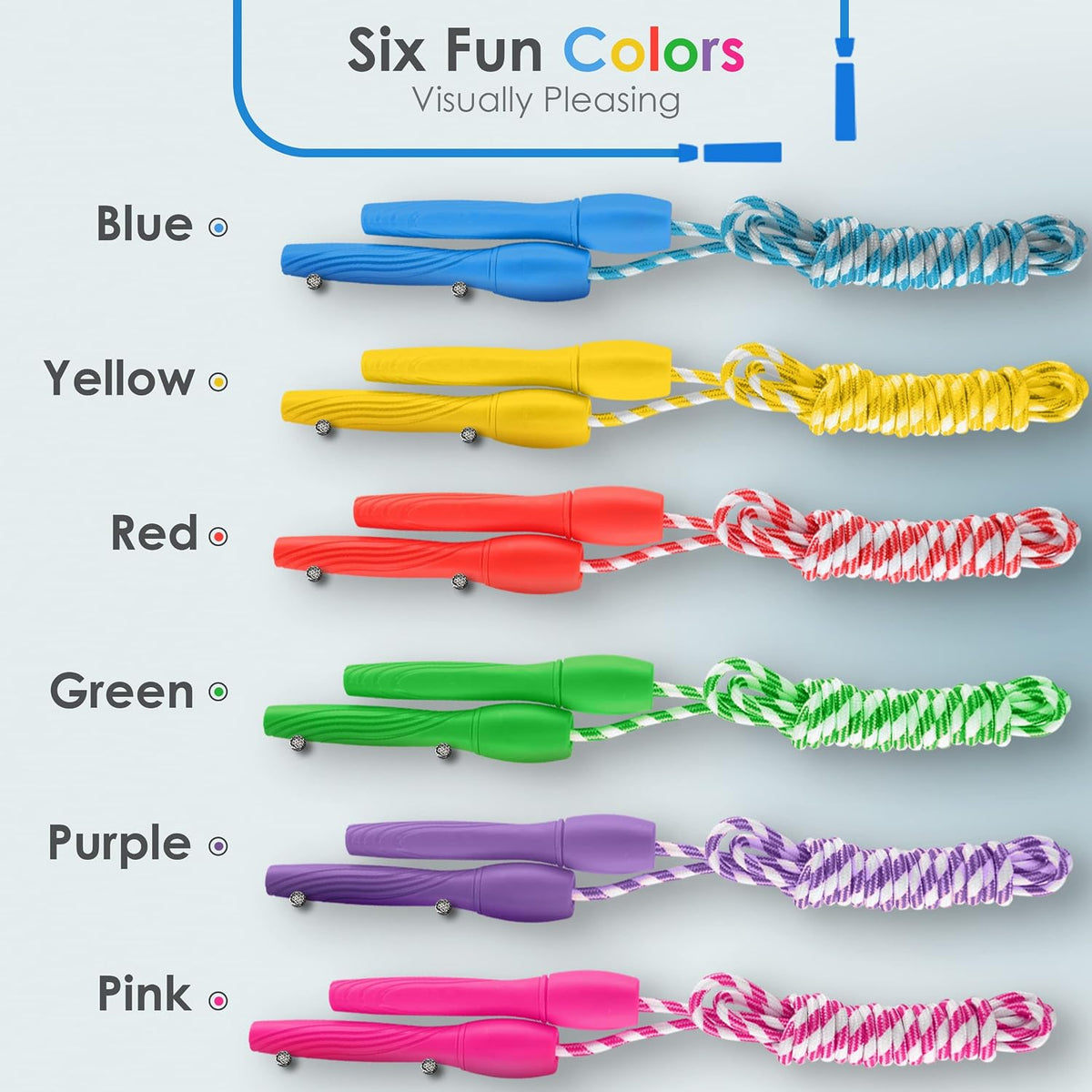 Ram Pro All Purpose Jump Rope Stripe Ropes With Plastic Handles for any Skill Level, 12PK, 6 colors (2 of each)