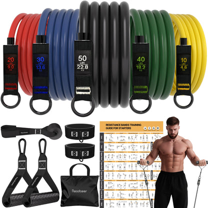 READAEER Resistance Bands, 10-150 LBS Exercise Bands with Handles, Ankle Straps & Door Anchor, Adjustable Workout Bands for Full Body Strength Training, Home, Gym & Travel