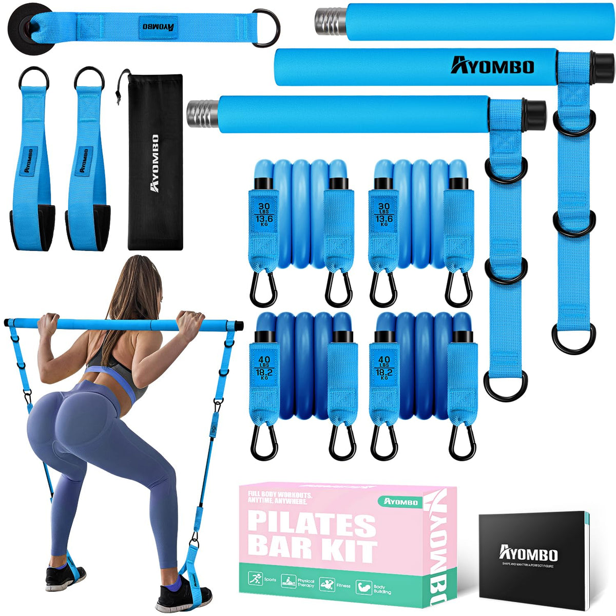 Ayombo Pilates Bar Kit with Resistance Bands, Pilates Workout Equipment for Legs, Hip, Waist, Arm, Squats Exercise Equipment for Home Workouts, Adjustable 3-Section Pilates Bar Kit for Women & Men
