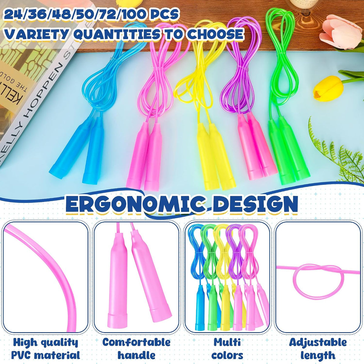 24 Pack PVC Kids Jump Rope, Adjustable Skipping Rope for Fitness Activity