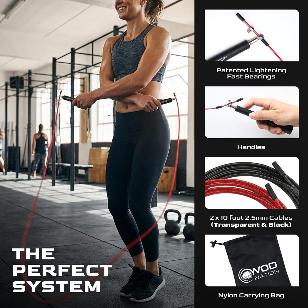 WOD Nation Adjustable Speed Jump Rope For Men, Women & Children - Blazing Fast Fitness Skipping Rope Perfect for Boxing, MMA, Endurance