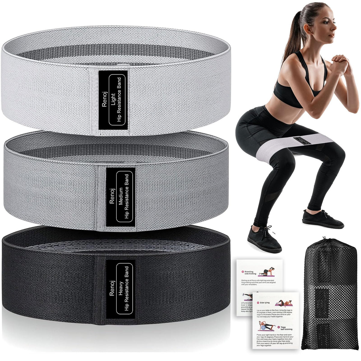 Renoj Resistance Bands for Working Out: 3-Set Professional Exercise Bands for Pilates, Yoga, Home Gym, Booty, Leg Training | Heavy/Medium/Light Fabric Loops for Women Men