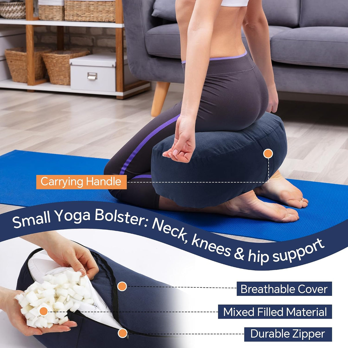 MABOZOO 2-Piece Yoga Bolster Pillow, Rectangular & Crescent Meditation Cushions with Removable Cover for Restorative Yoga, Meditation Accessories for Sitting on Floor