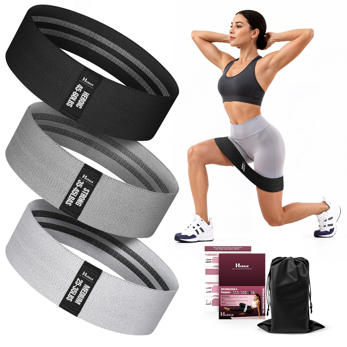 Fabric Resistance Band Set with Exercise Guide, 3 Levels for Hip and Glute