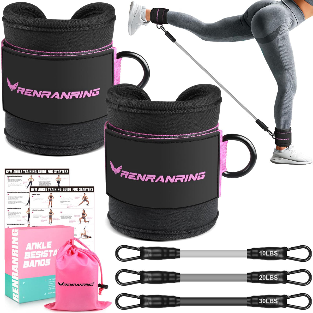 Ankle Resistance Bands w/Cuffs, Ankle Weights Women Booty Workout Equipment