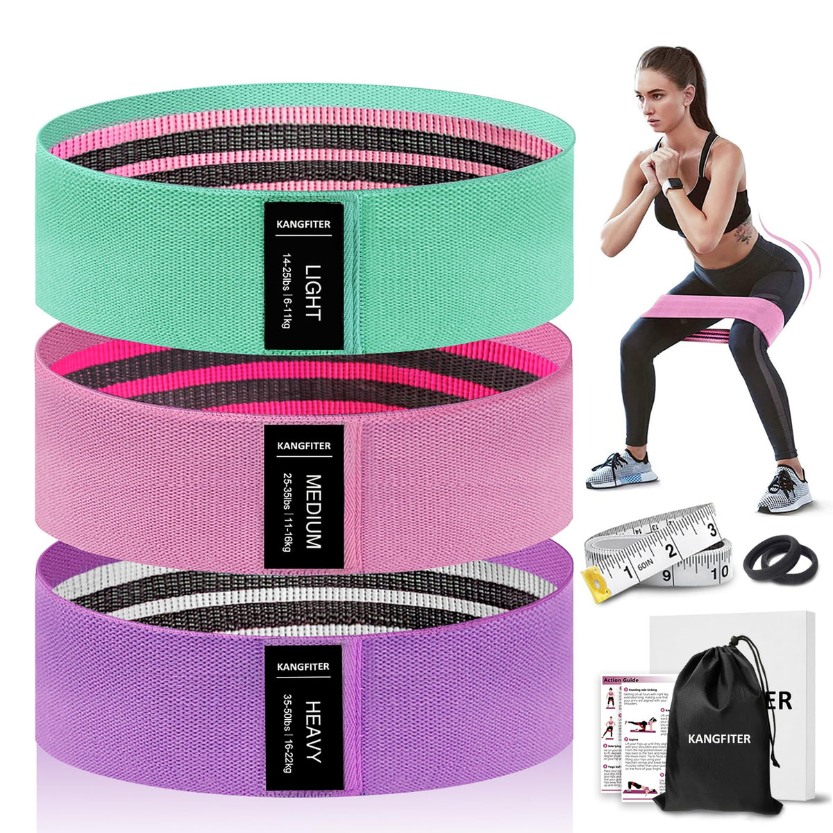 KANGFITER Non-Slip Fabric Resistance Bands for Working Out 3 Levels
