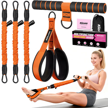 Upgraded Multifunction Pedal Resistance Band with Handle, 3 Tube Adjustable Resistance Bands for Abdomen, Waist, Arm, Core/ABS, Leg Workout - Sit Up Exercise Equipment for Women