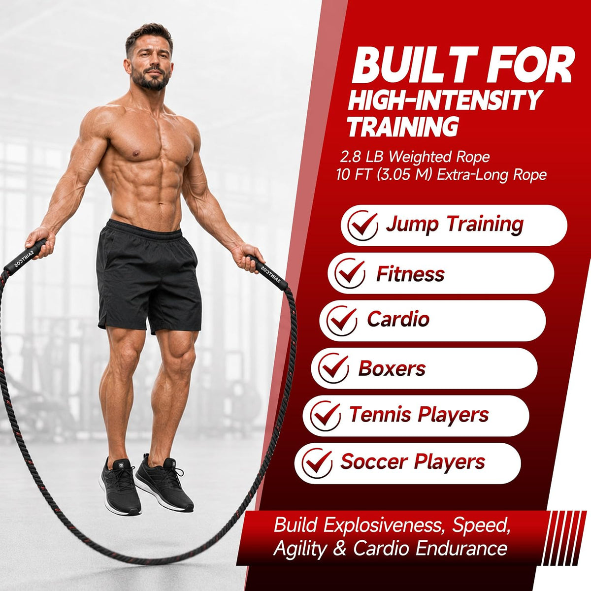 Weighted Jump Rope, 2.8lb Heavy Jump Rope for Men and Women, 10ft Thick Rope for Fitness, At Home Workout Equipment, Exercise Equipment for Boxing, Strength & Calisthenics
