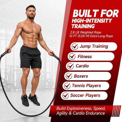 Weighted Jump Rope, 2.8lb Heavy Jump Rope for Men and Women, 10ft Thick Rope for Fitness, At Home Workout Equipment, Exercise Equipment for Boxing, Strength & Calisthenics