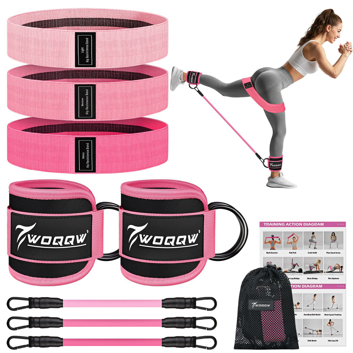 WOQQW Ankle Resistance Bands with Cuffs & Booty Bands Set for Legs & Glutes