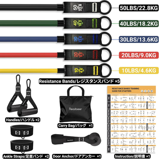 READAEER Resistance Bands, 10-150 LBS Exercise Bands with Handles, Ankle Straps & Door Anchor, Adjustable Workout Bands for Full Body Strength Training, Home, Gym & Travel
