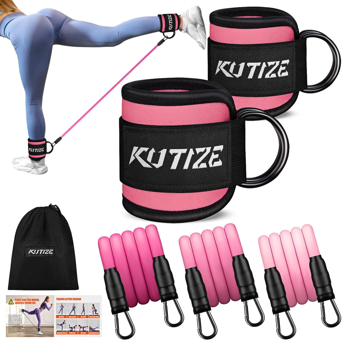 KUTIZE Ankle Resistance Bands with Cuffs for Women & Men - 3-Level Adjustable Leg & Glute Workout Equipment, Portable Home Gym Exercise Bands for Kickbacks, Hip Thrusts, Yoga, Strength Training