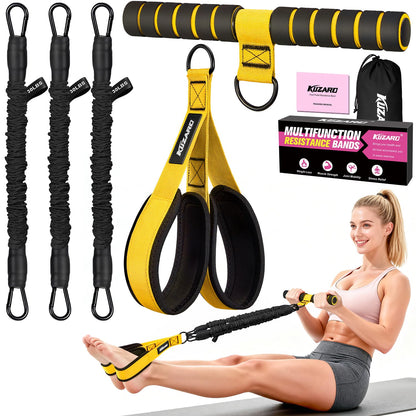 Upgraded Multifunction Pedal Resistance Band with Handle, 3 Tube Adjustable Resistance Bands for Abdomen, Waist, Arm, Core/ABS, Leg Workout - Sit Up Exercise Equipment for Women