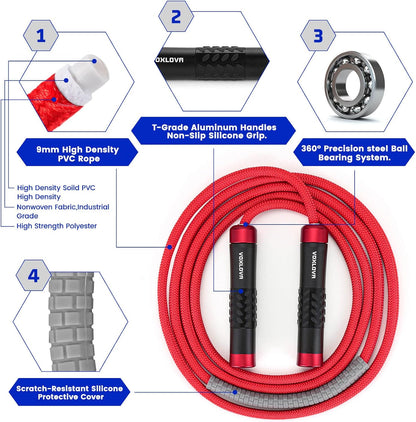 Weighted Jump Rope for Men Women - 1LB Heavy Jump Rope Weighted Skipping Rope for Adult Fitness Workouts Boxing Crossfit Cardio Weight-loss MMA, Non-Slip Aluminum Handles, Adjustable Length 9MM Solid PVC/Cotton Ropes